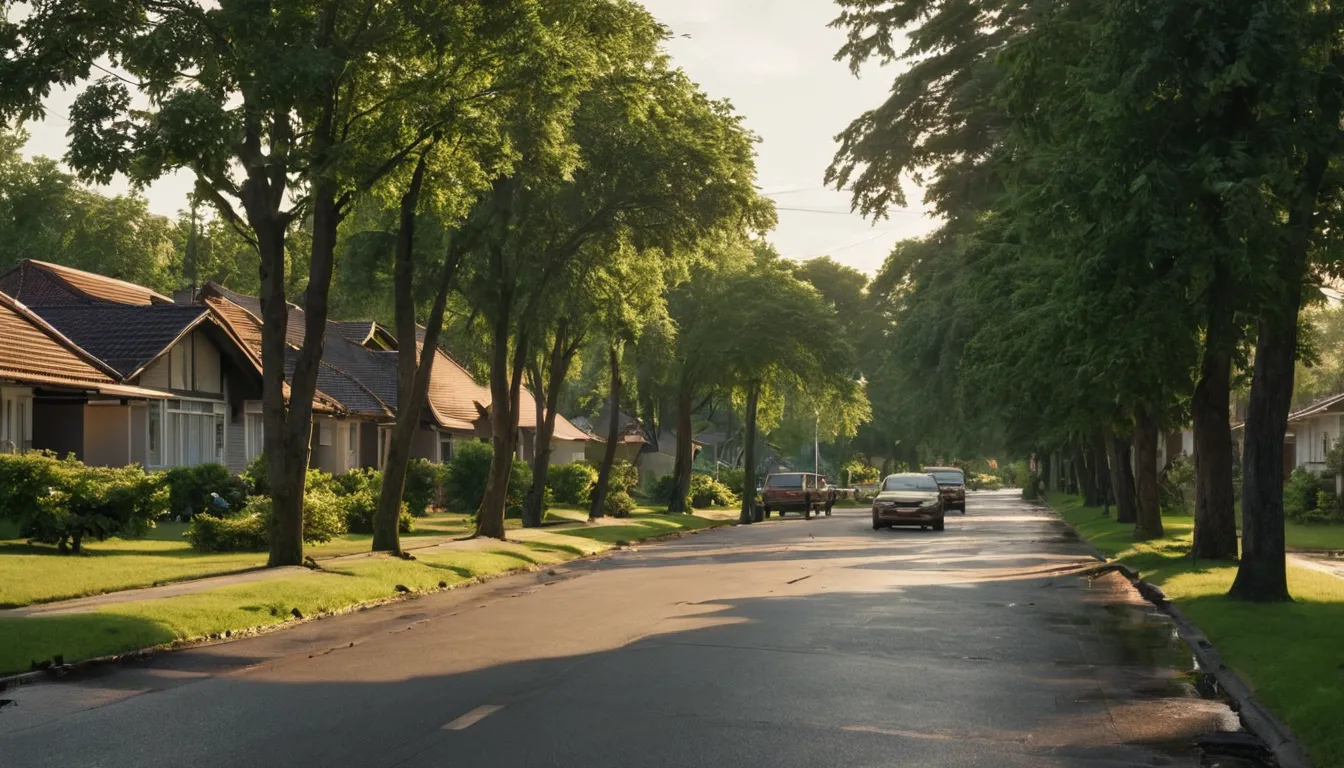 A neighborhood street in Gary with mature trees and older homes